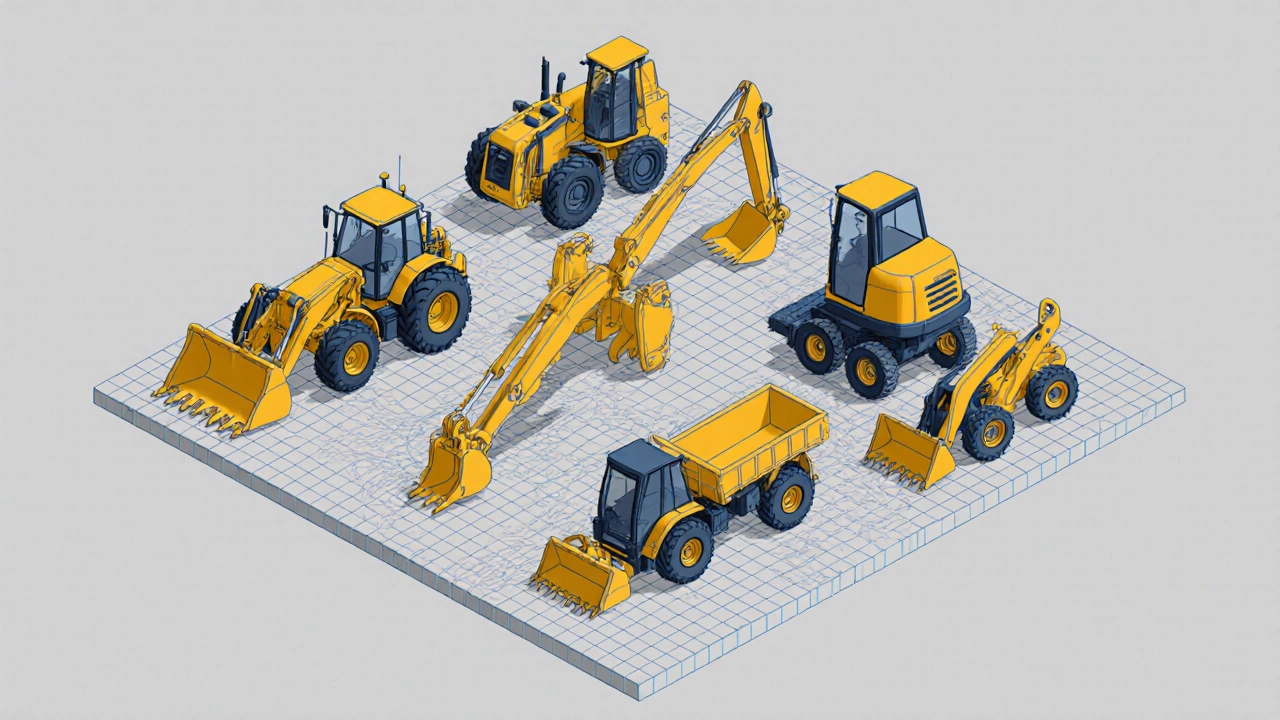 Изометрический набор разных машин с ковшами: погрузитель, экскаватор, backhoe и др.