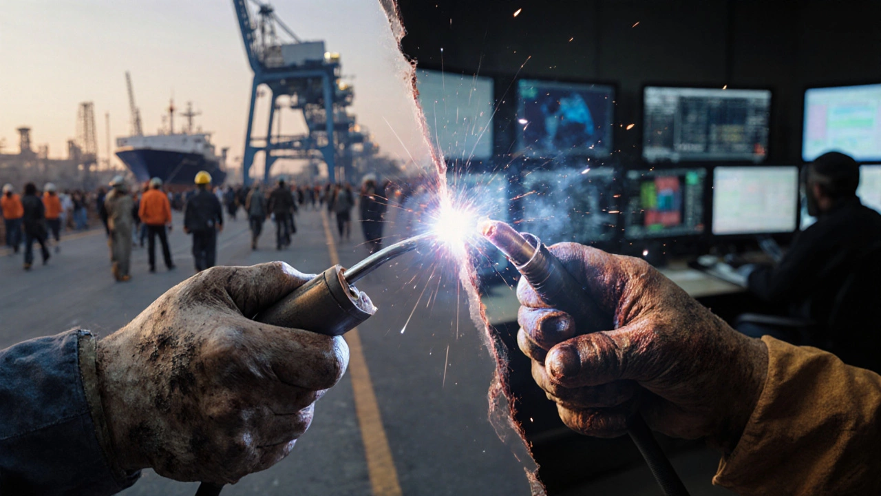 Руки сварщика держат горелку, на фоне — сравнение идеального и дефектного шва, разделяющее труд и контроль.