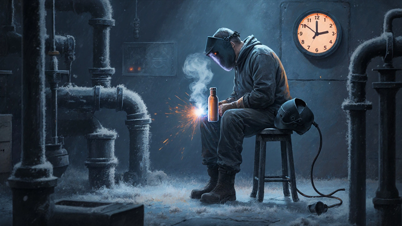 Сварщик отдыхает ночью в холодном цеху, рядом — термос и шлем, на стене — часы, показывающие 3 часа.