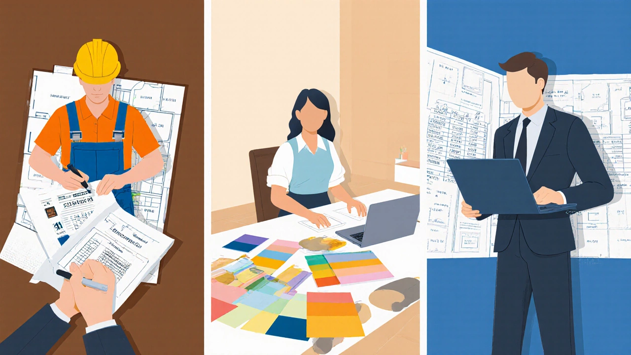 Три типа людей: бригадир, дизайнер и сметчик — работают с одним планом квартиры.