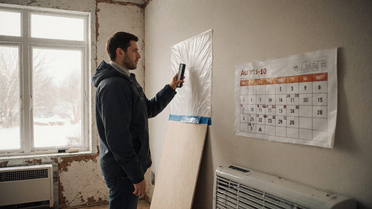 Человек измеряет влажность стены в зимнем доме, рядом — открытые окна и отопительный прибор.