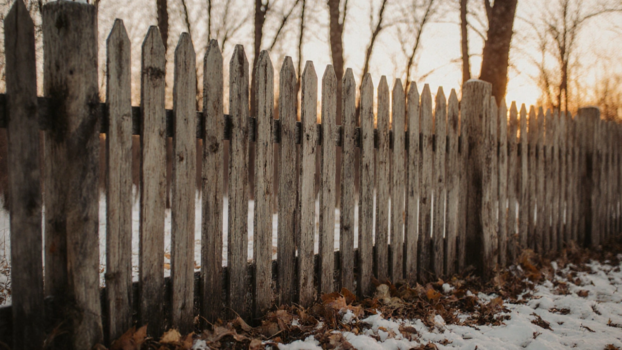 Деревянный штакетник из необрезной доски под осенним светом, с видимыми следами времени и первым снегом.