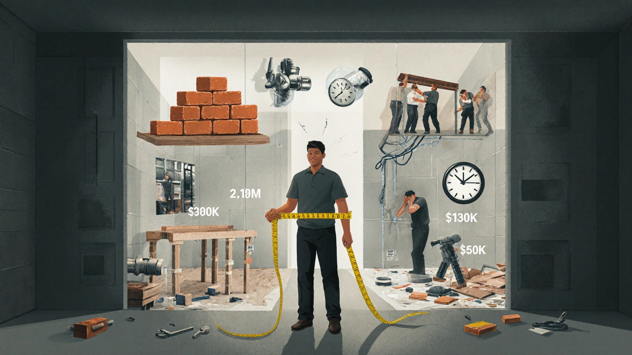 Мужчина в центре квартиры, вокруг него — элементы стоимости ремонта и символы потраченного времени.