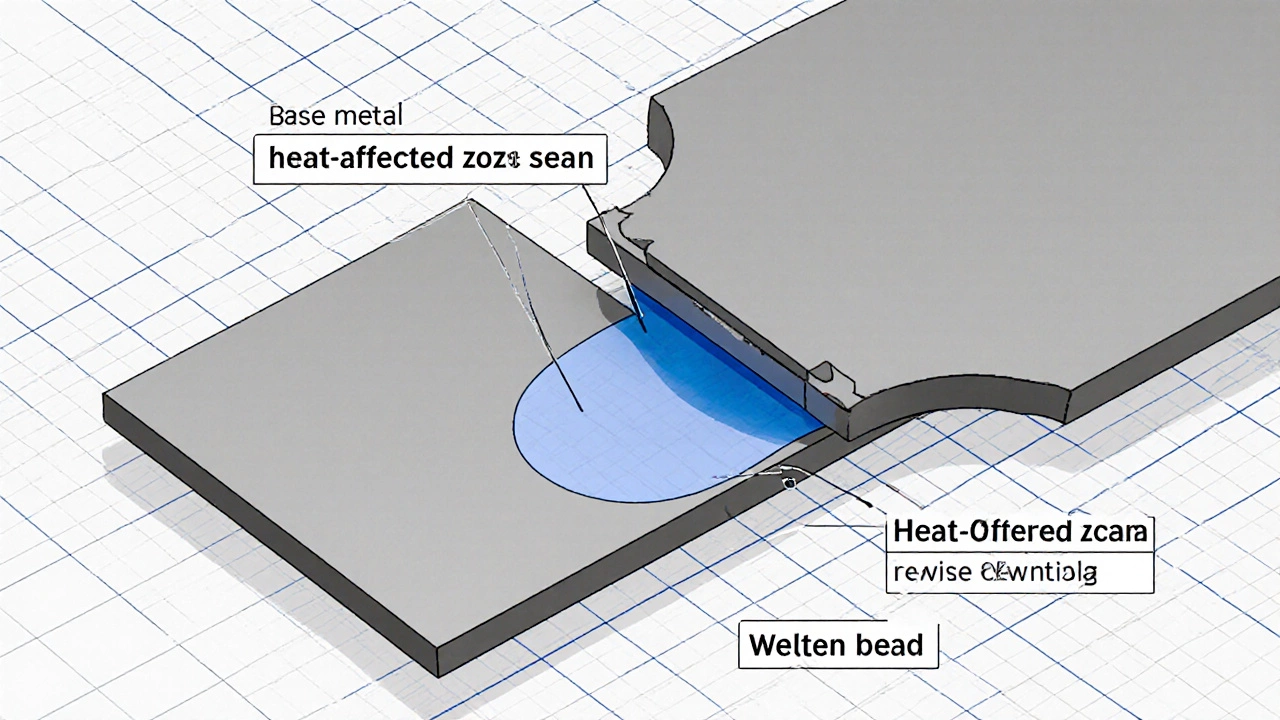 Поперечный разрез сварного шва с указанием ширины плавленой зоны и слоев металла.