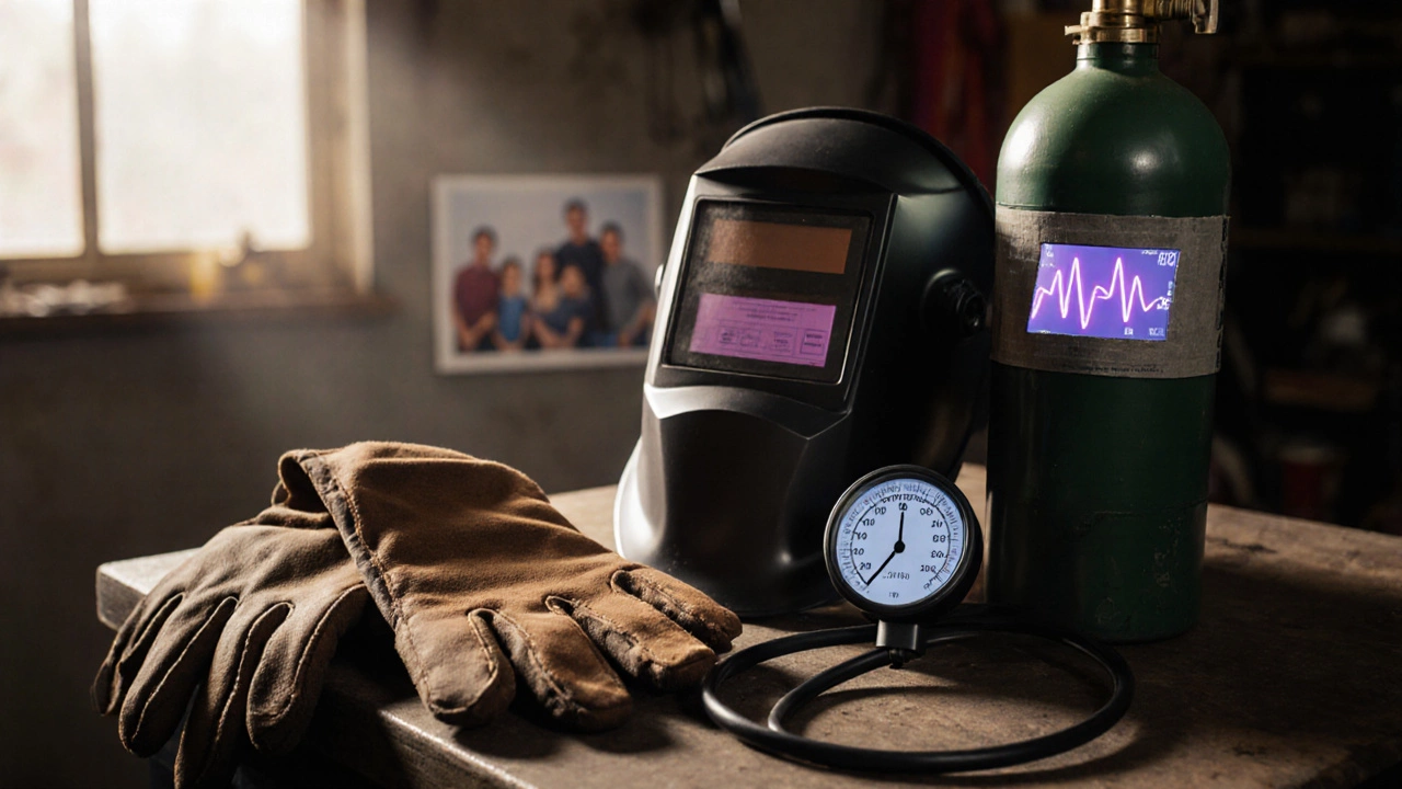 Рабочие перчатки и маска для сварки рядом с монитором пульса и газовым баллоном, символизирующие возвращение домой живым.