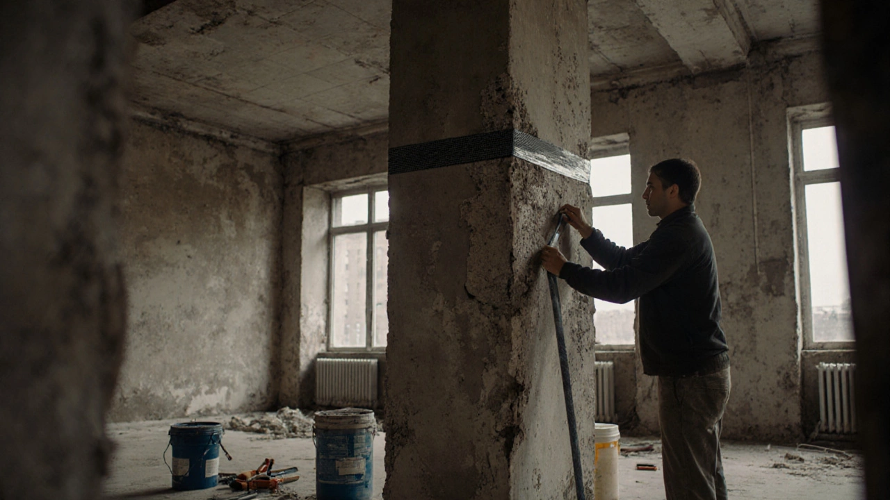 Рабочие укрепляют старый бетонный балок углепластиковой лентой в советском доме.