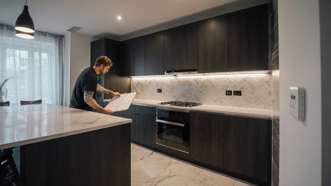 Рабочие устанавливают кухонный гарнитур по дизайн-проекту, дизайнер проверяет размещение света и техники.