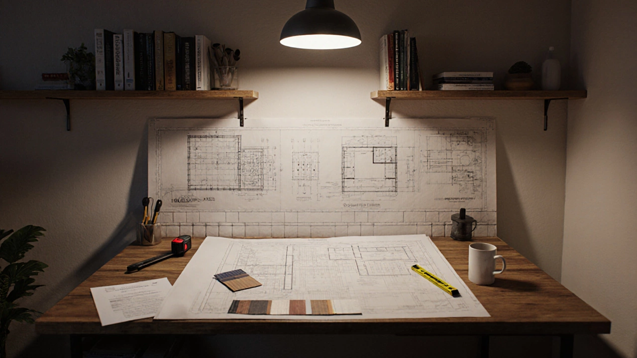 Рабочий стол дизайнера с чертежами, образцами материалов и измерительными инструментами