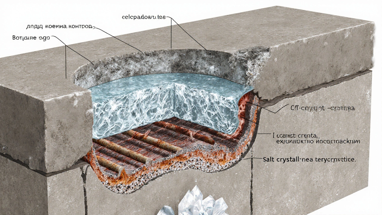 Разрез бетонной дорожки с видимыми водой, льдом и ржавой арматурой внутри.
