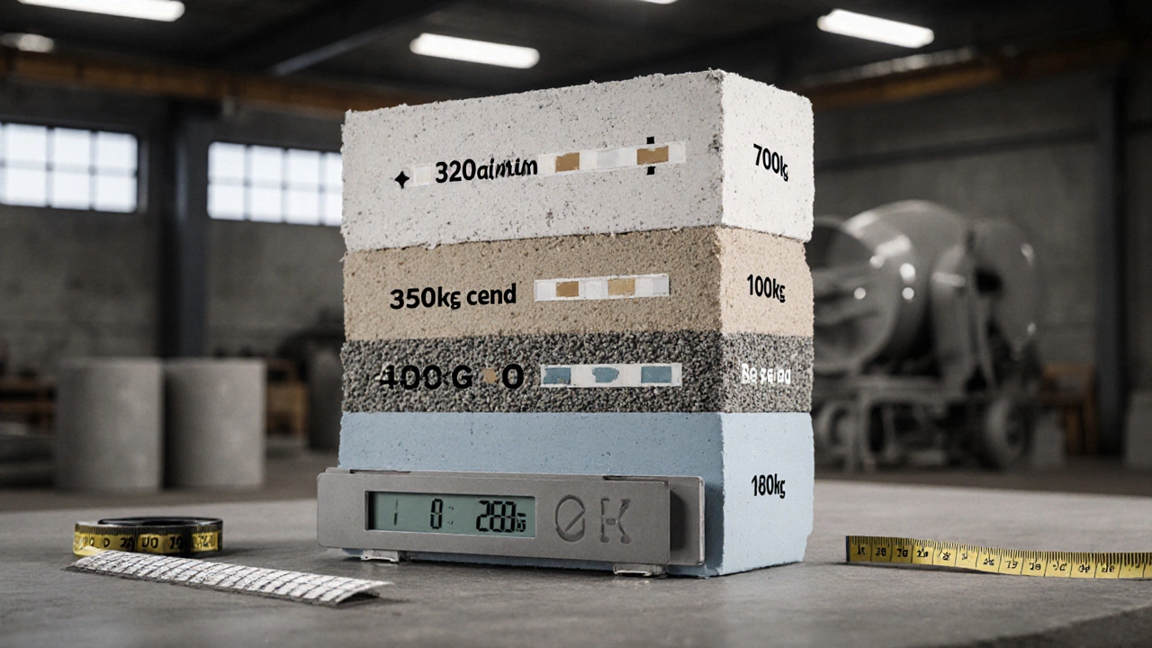 Разрез кубометра бетона с указанием веса компонентов: цемент, песок, щебень, вода.