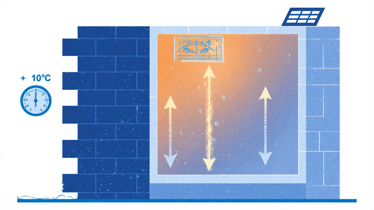 Разрез стены из газобетона, показывающий движение влаги от фундамента вверх при низкой температуре.