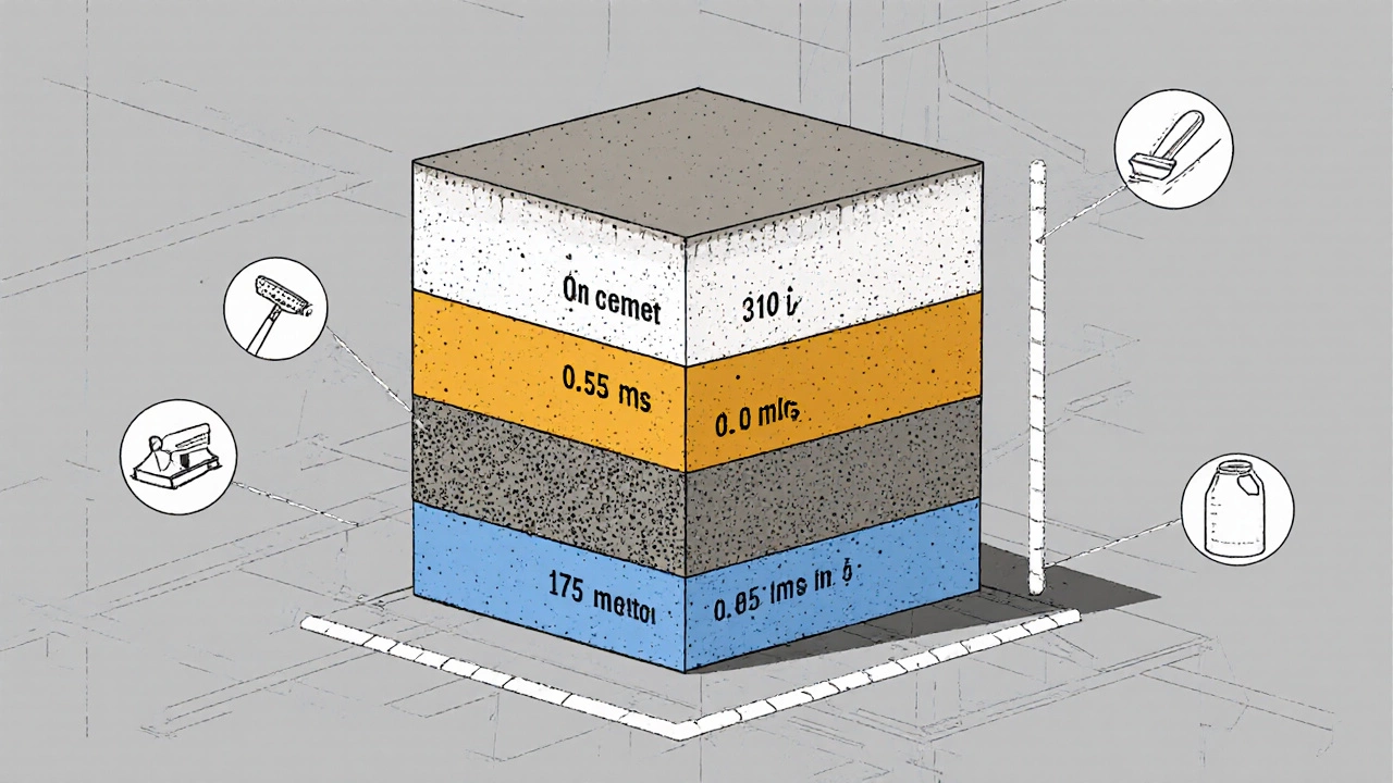 Схема состава одного кубометра бетона М200 с пропорциями цемента, песка и щебня.