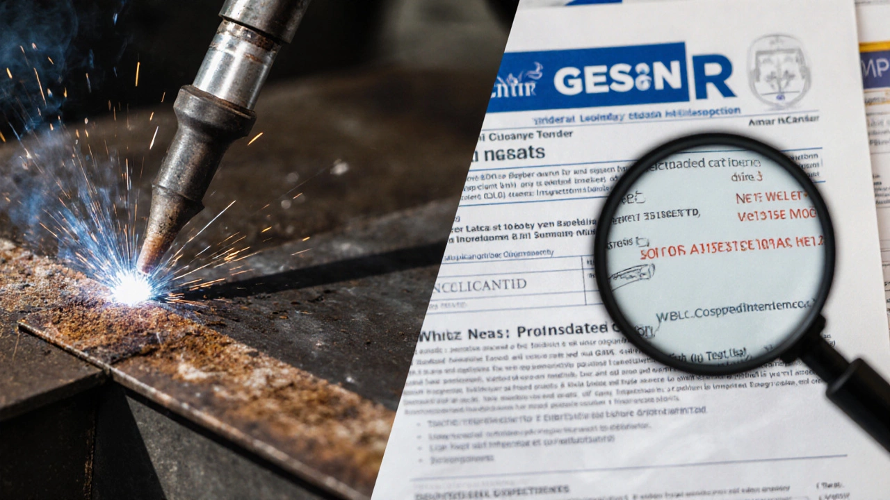 Сравнение грязного и чистого сварного шва с лупой, символизирующей контроль качества.