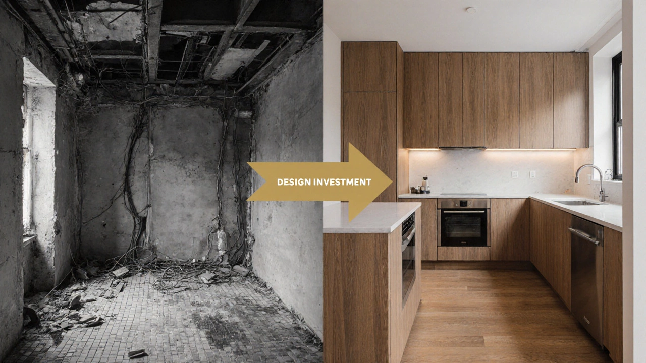 Сравнение хаотичного ремонта и идеально спланированного интерьера с меткой &#039;Инвестиция в дизайн&#039;
