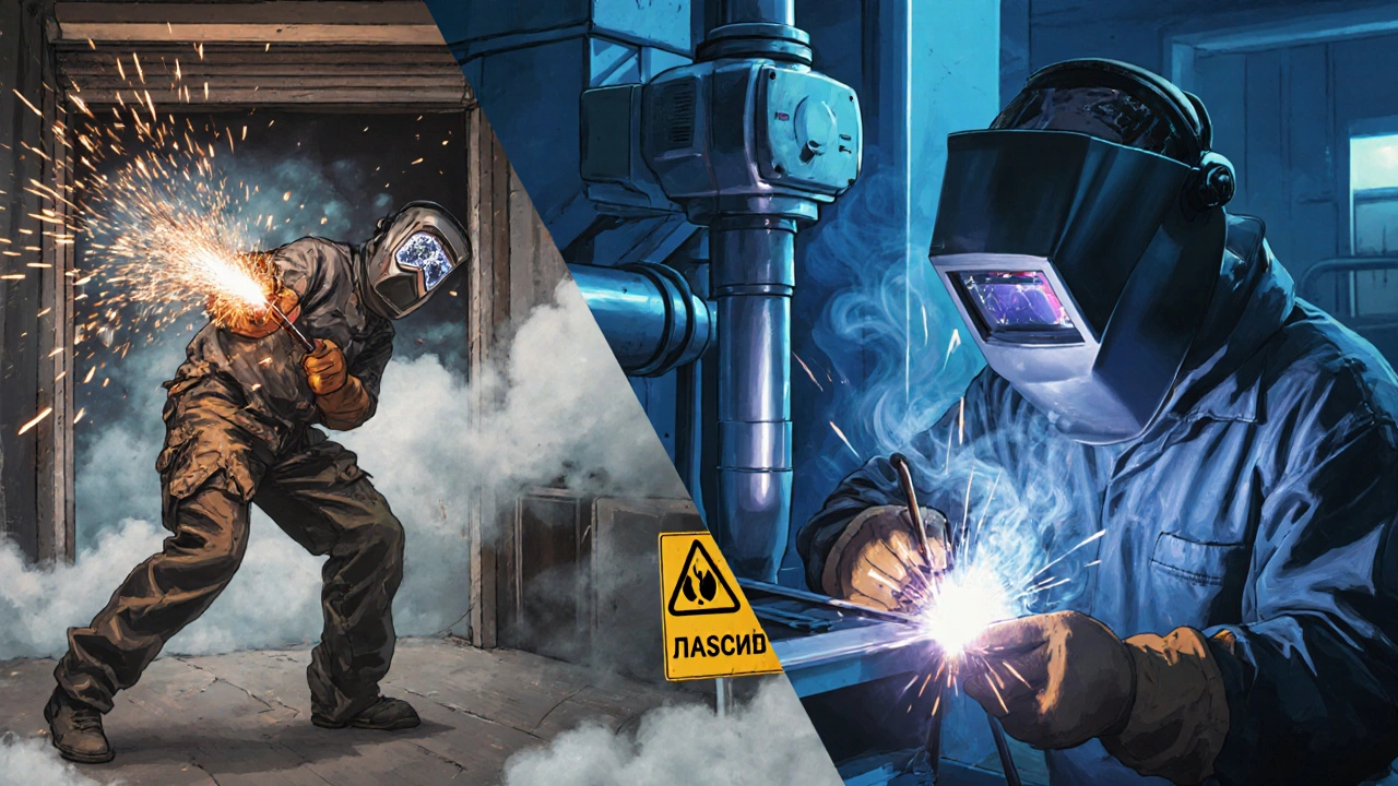 Сравнение опасной и безопасной сварки: слева — дым и искры в замкнутом пространстве, справа — чистая дуга TIG в профессиональной среде.