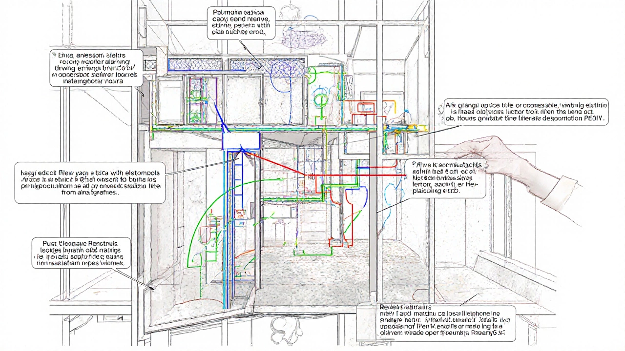 Технический чертёж квартиры с обозначенными инженерными системами и правильно подобранными материалами.