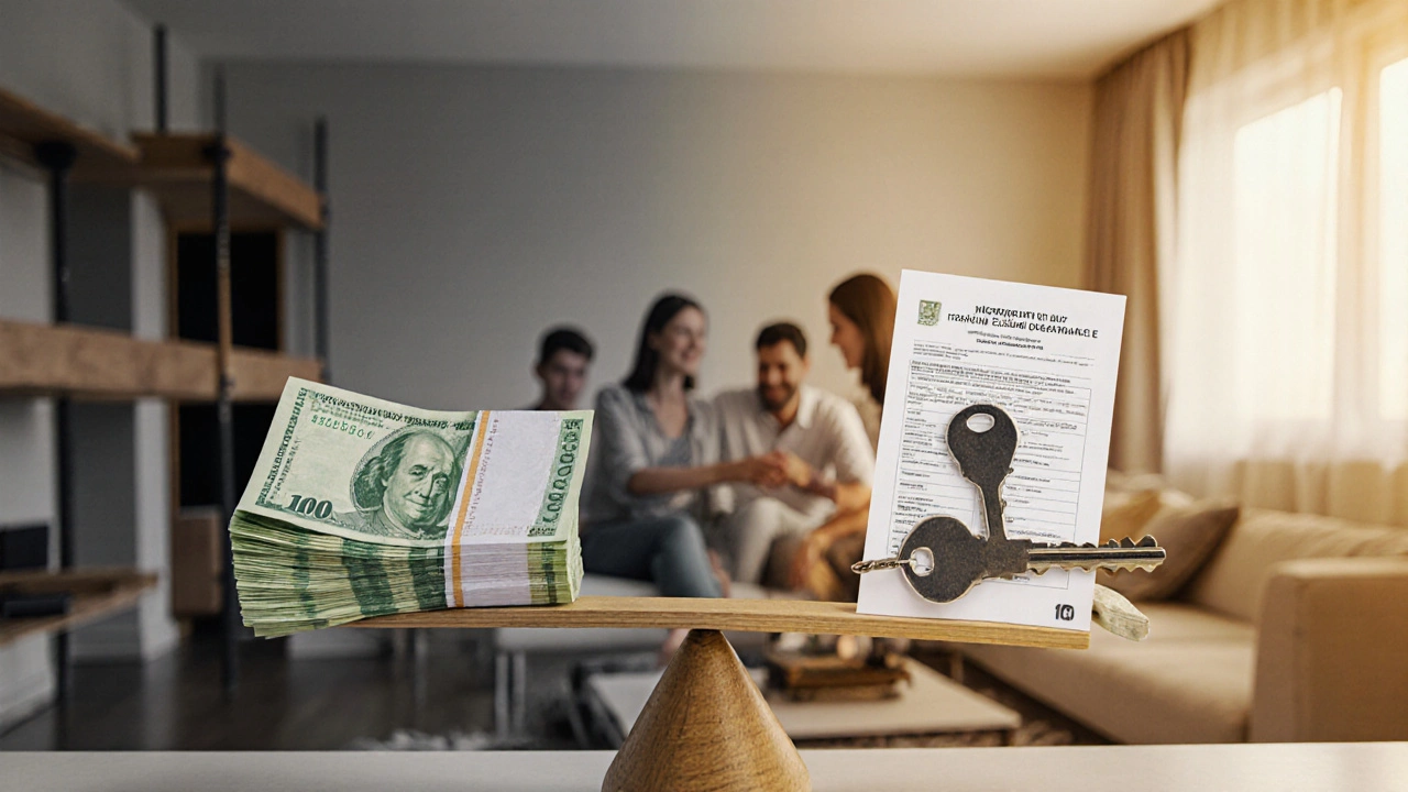 Весы: с одной стороны — деньги и инструменты, с другой — ключ от квартиры и гарантийный документ.