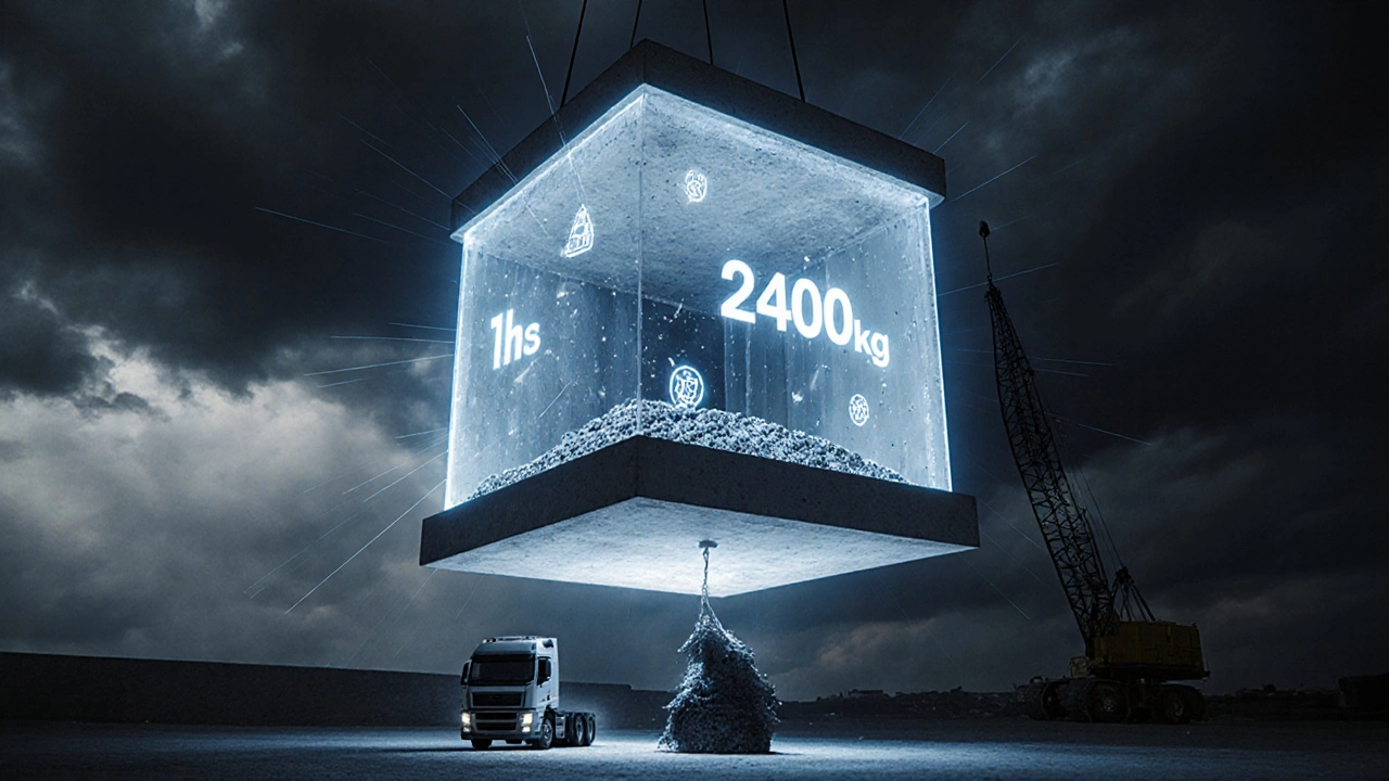 Воздушный куб бетона весом 2400 кг с визуализацией нагрузки и разрушающимся краном.