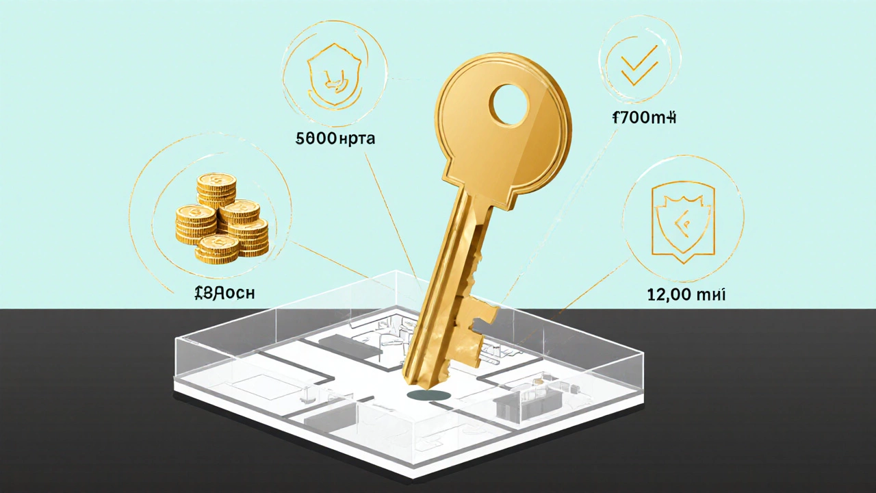 Золотой ключ над планом квартиры с цифрами стоимости ремонта и символами экономии.