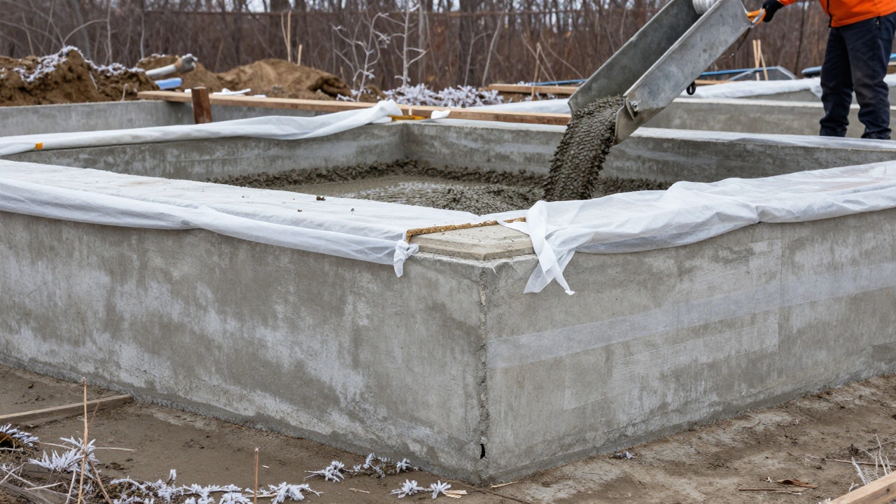 Частичная заливка фундамента в холодную погоду с утеплением первого слоя.