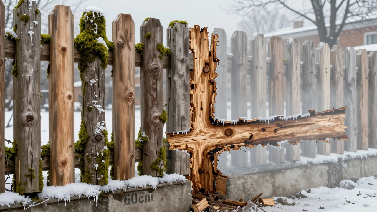 Деревянный забор из лиственницы с разрезом, показывающим бетонное основание и защиту от гниения.