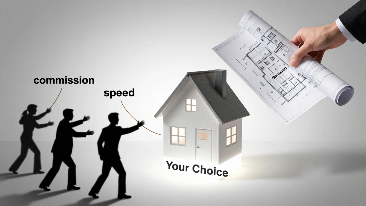 Дом с подсвеченным фундаментом &#039;Ваш выбор&#039; против тянущихся к нему теней с наклейками &#039;комиссия&#039;, &#039;скорость&#039;, &#039;скидка&#039;.