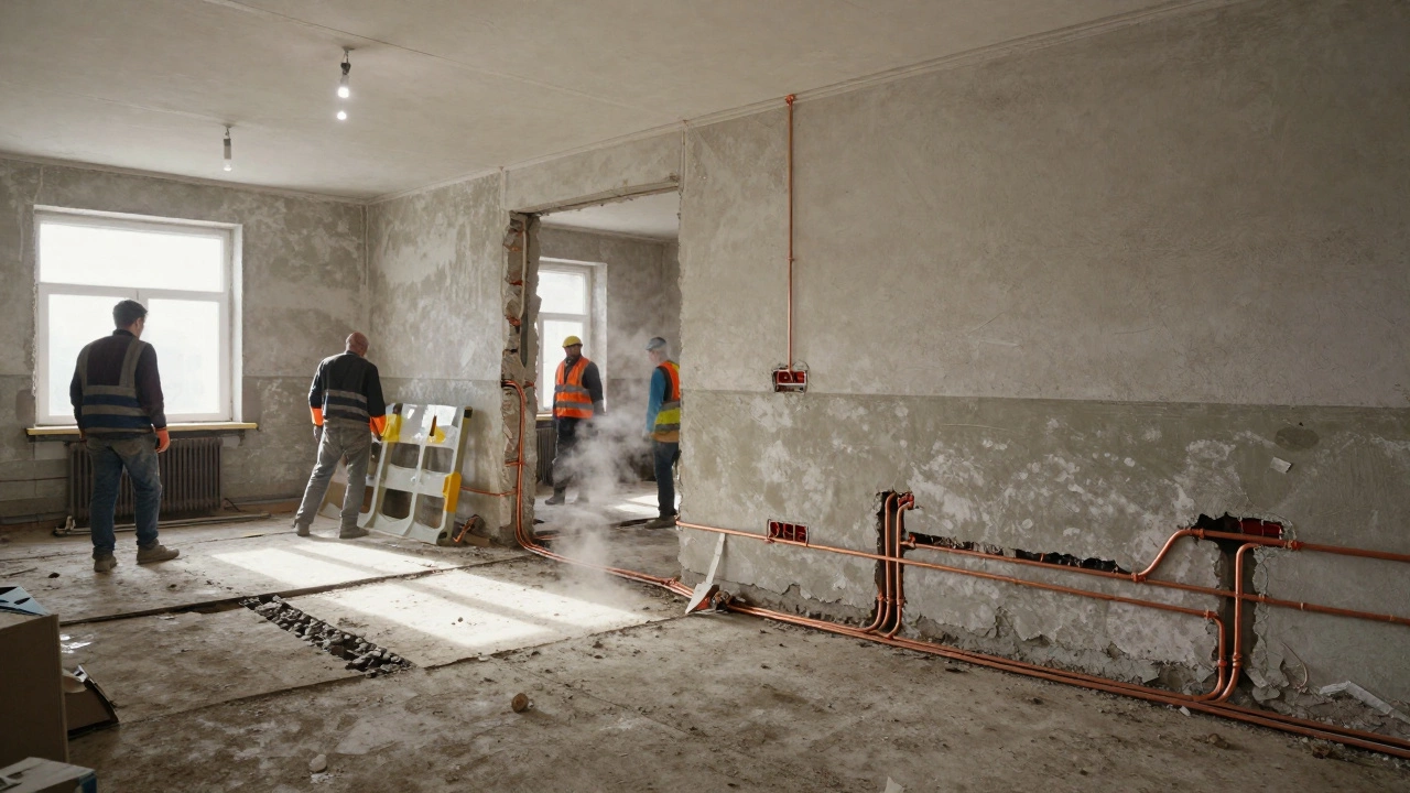 Капитальный ремонт: демонтаж полов, открытые трубы и электропроводка в старой квартире.