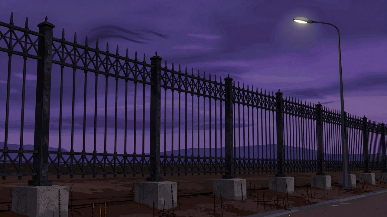 Кованый забор с открытым узором выдерживает сильный ветер, его столбы надежно закреплены в армированном бетоне.