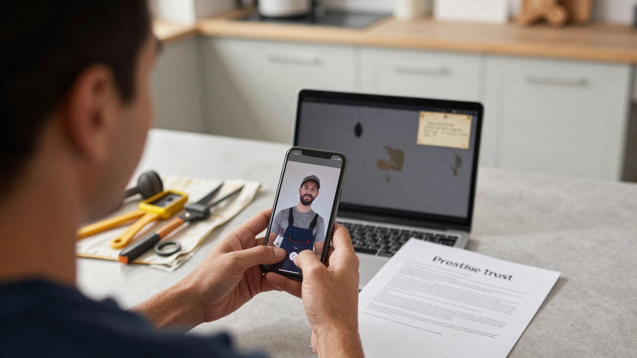 Мастер показывает клиенту реальные фото выполненных работ на телефоне в кухне.