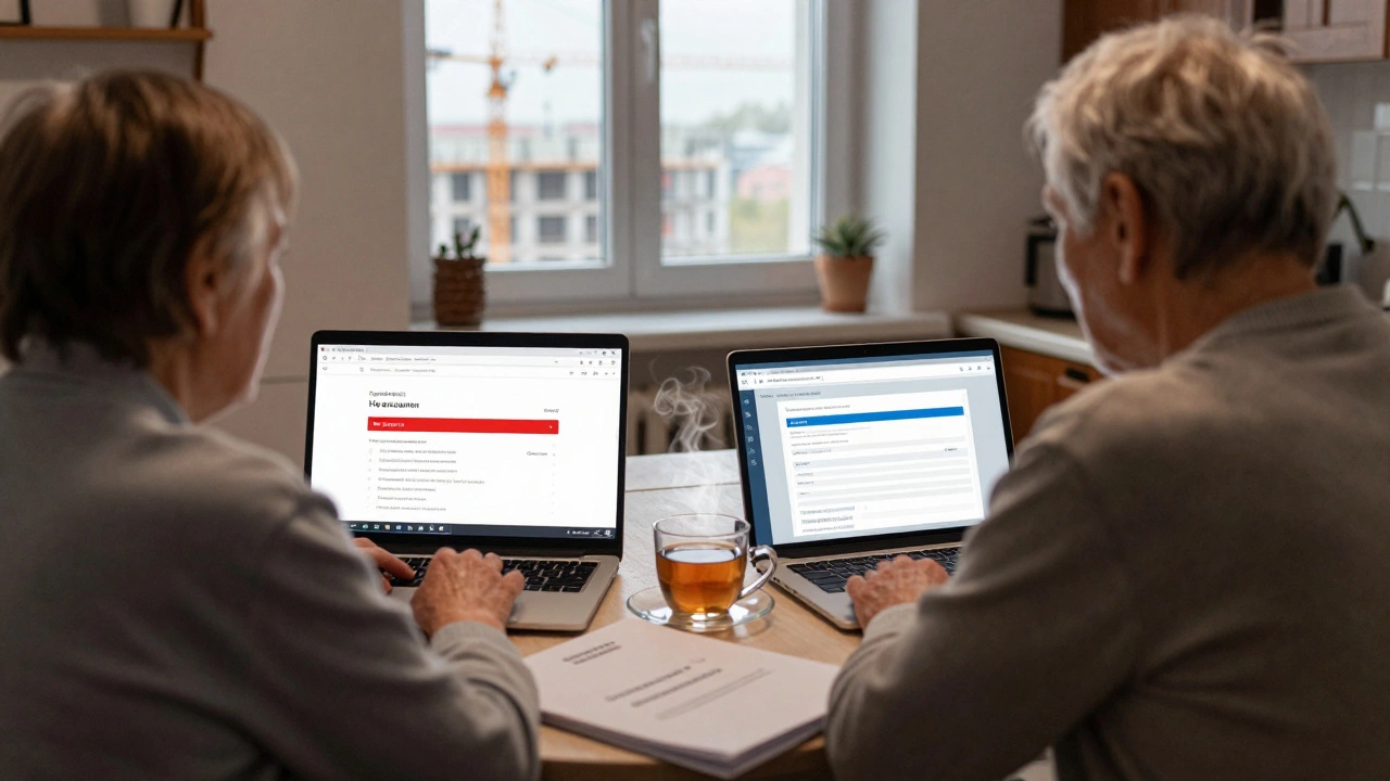 Пенсионерка за кухонным столом проверяет статус дома и подаёт заявление на перерасчёт.