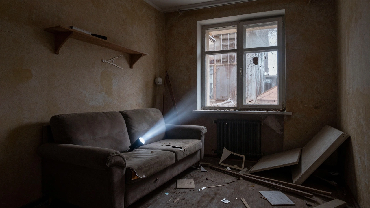 Повреждённая мебель в квартире после выезда арендатора: порванный диван, сломанная полка, разбросанные предметы, тусклый свет.