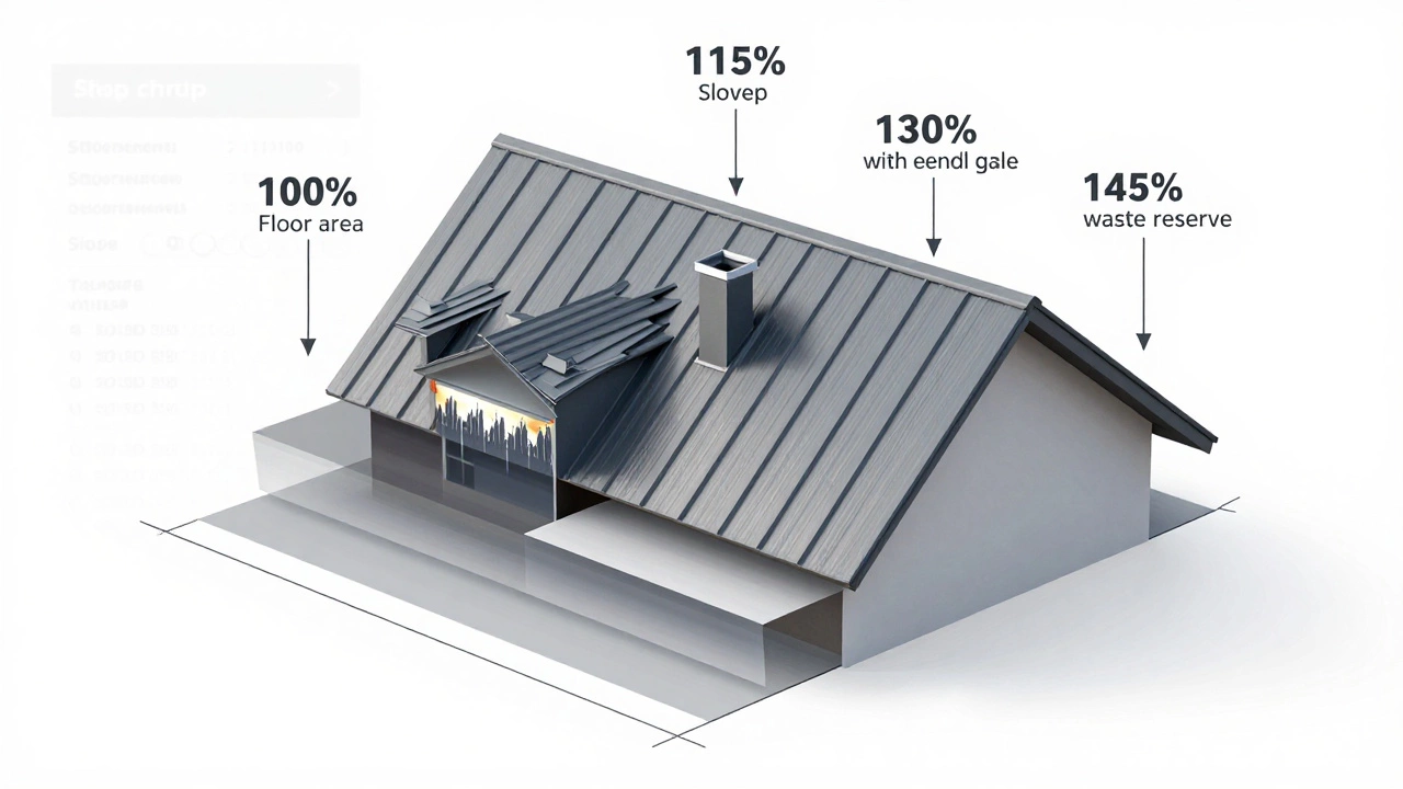 Преобразование плоского плана дома в объемную кровлю с процентами увеличения площади и слоями материалов.