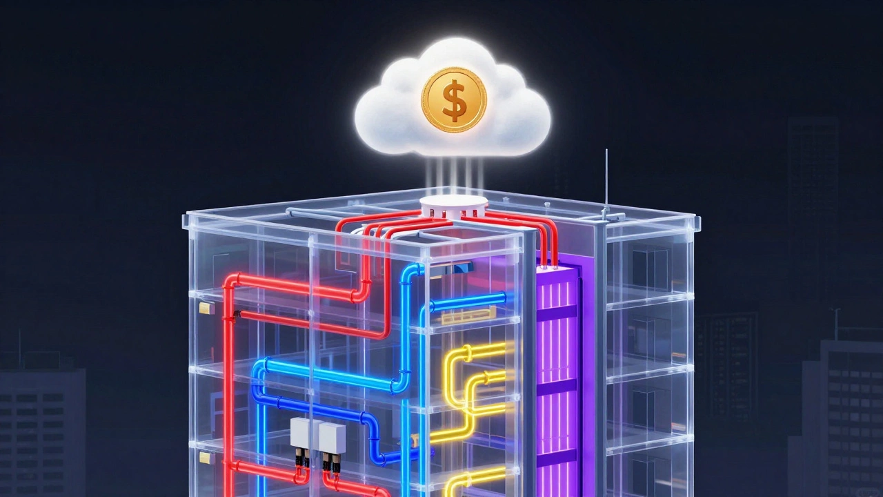 Прозрачный дом с подсвеченными инженерными системами и облаком взносов над крышей.