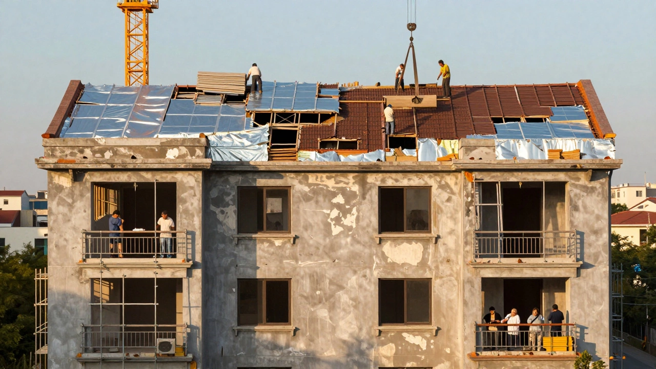 Рабочие ремонтируют крышу многоквартирного дома на фоне солнечного заката.