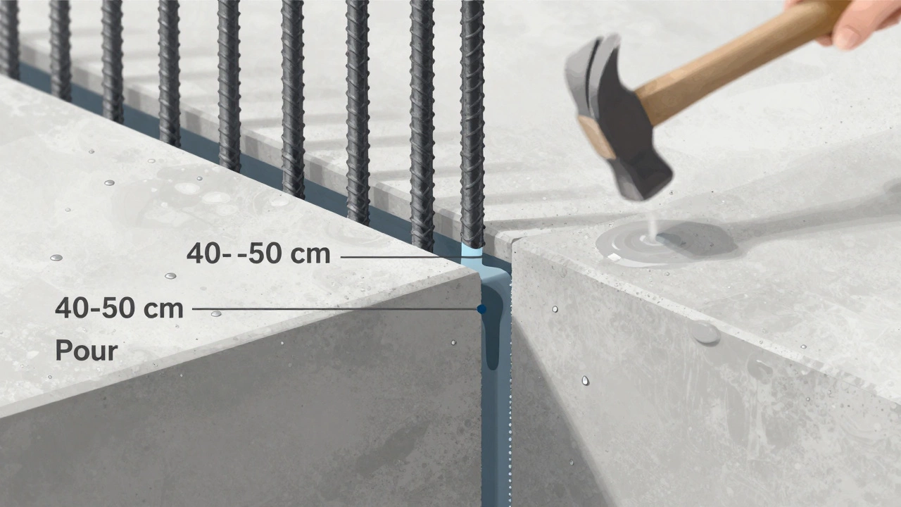 Разрез фундамента с правильным швом и гидроизоляцией, демонстрирующий связь слоев.