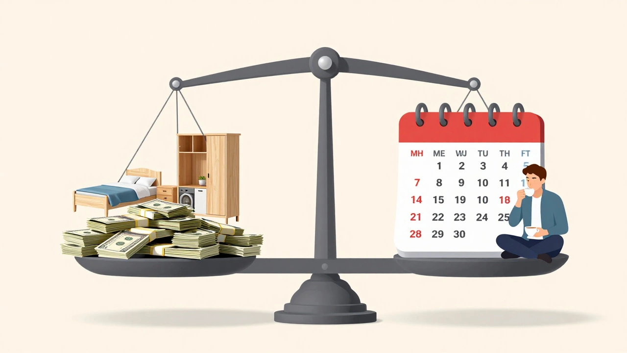 Символическая схема: с одной стороны — базовый комплект мебели и деньги, с другой — календарь с долгосрочной аренда и спокойный владелец.