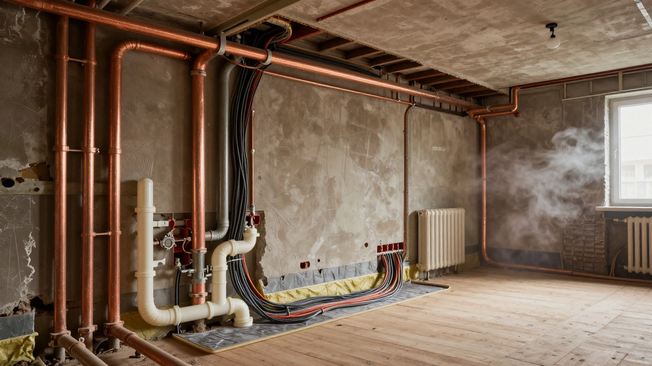 Скрытые инженерные системы: замена труб и проводки в старой квартире, укладка звукоизоляции под полом.