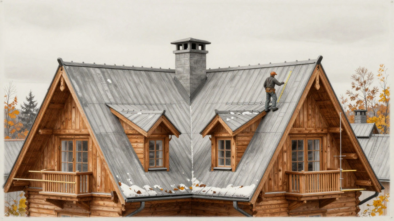 Сложная русская кровля с фронтонами, дымоходами и карнизами, разделенная на геометрические фигуры для расчета.