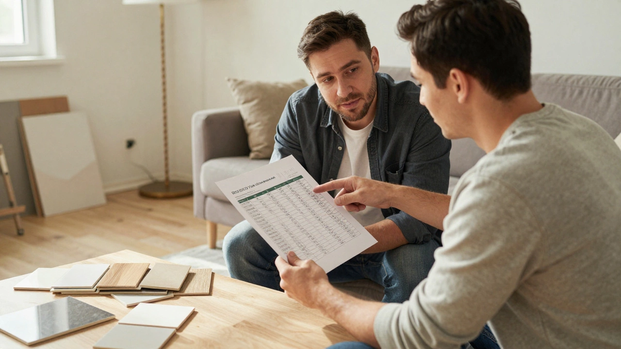Собственник и мастер вместе проверяют смету ремонта в гостиной с образцами материалов.