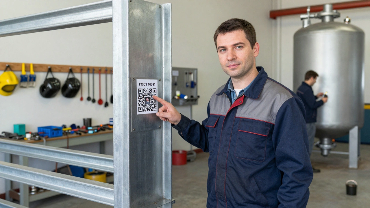 Сварщик показывает фото своих работ через QR-код на металлической табличке, позади — аккуратная мастерская.
