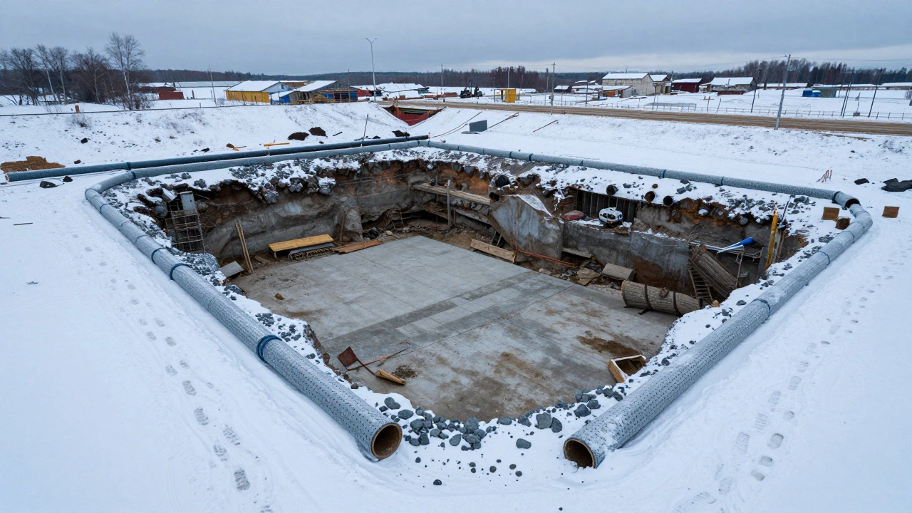 Аэрофото глубокого котлована с плитным фундаментом и дренажной системой вокруг на замерзшей земле.