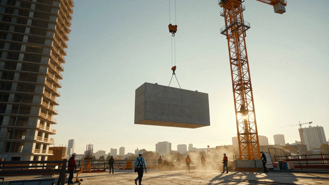 Башенный кран поднимает бетонную панель на высотное здание в Москве.