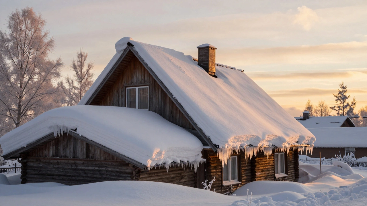 Дом в Сибири с крутой крышей против соседнего с плоской — снег лежит на одной, а с другой сползает.