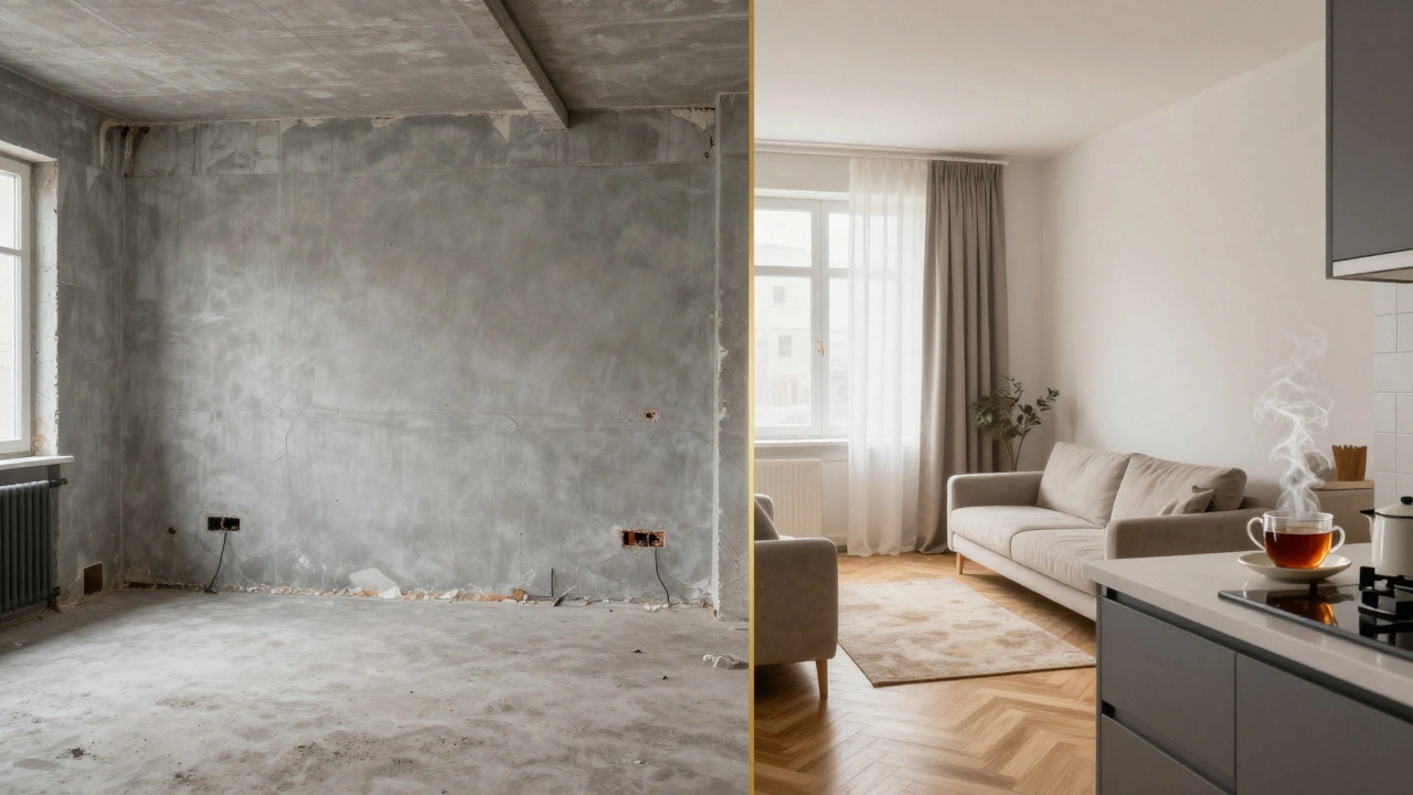 Двухчастное изображение: слева — черновая отделка, справа — чистовая, разделенные золотой линией.