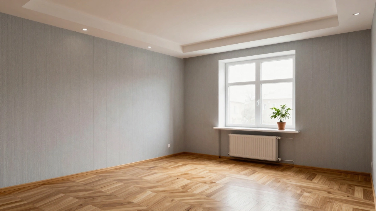 Гостиная с флизелиновыми обоями, паркетом и многоуровневым потолком из гипсокартона в панельном доме.