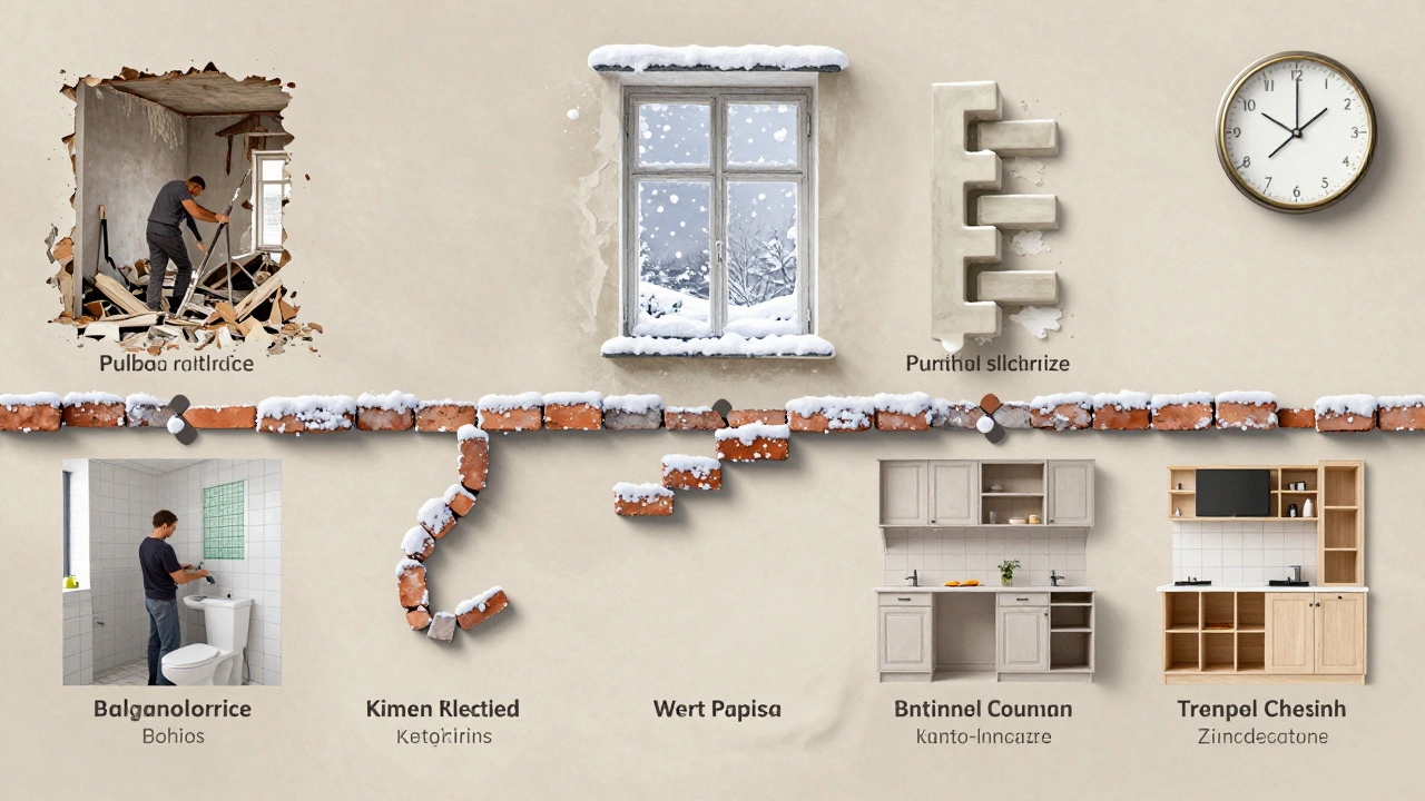 Иллюстрация этапов ремонта квартиры в Санкт-Петербурге: снос, коммуникации, штукатурка, плитка, кухня, уборка — всё в виде зимнего временного пути.