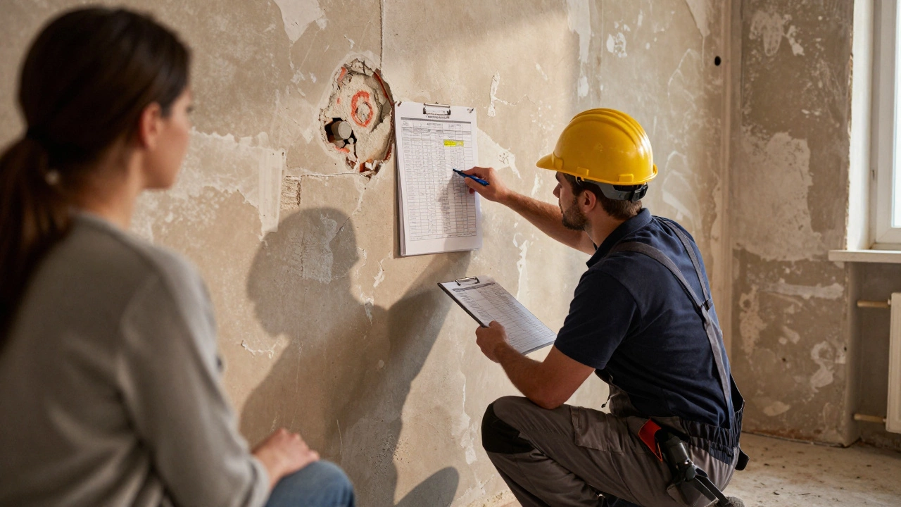 Подрядчик показывает домовладельцу скрытые дефекты в стене и выделенную резервную сумму в смете.