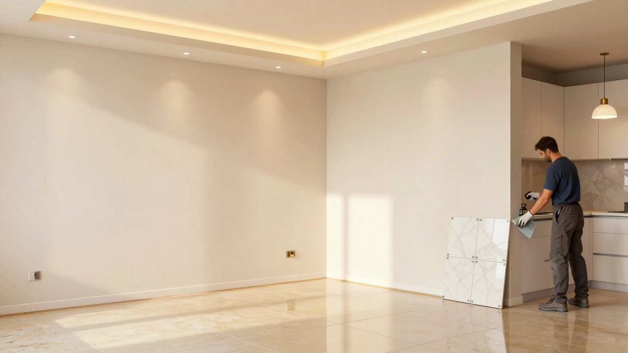 Рабочий укладывает керамическую плитку в современной кухне с теплым светом и готовыми элементами интерьера.