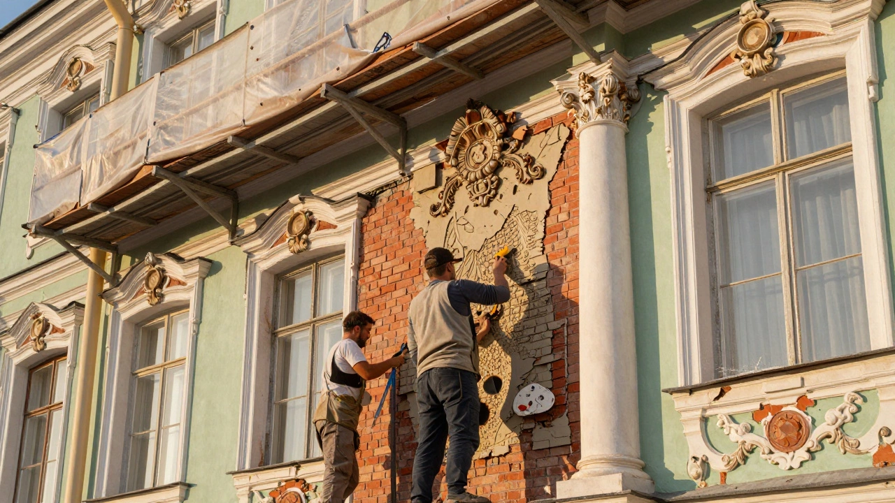 Реставрация исторического здания в Санкт-Петербурге с использованием традиционных материалов и техник.