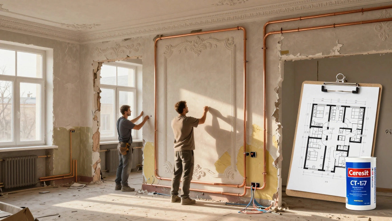 Реставрация сталинки: замена коммуникаций и восстановление лепнины, установка новых окон и утепление стен.